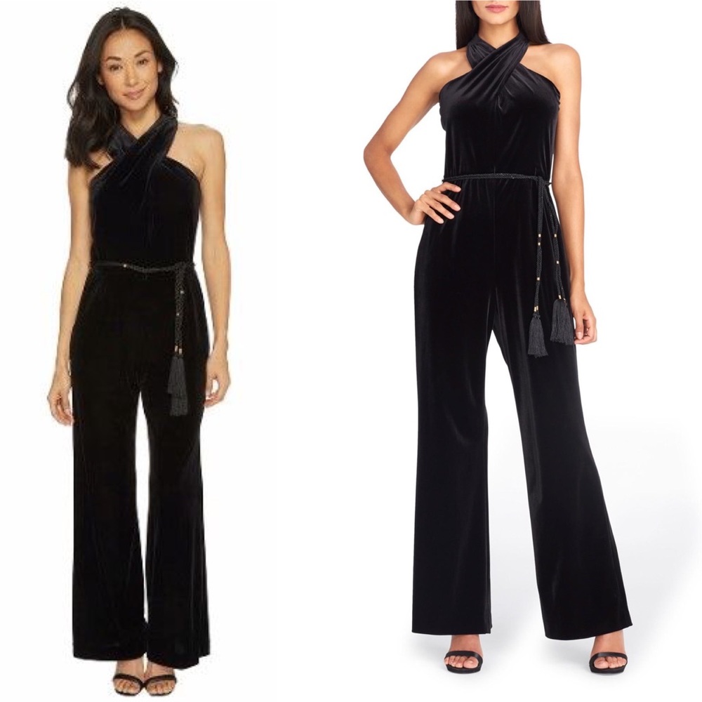 Tahari Black Velvet Halter Jumpsuit with Belt